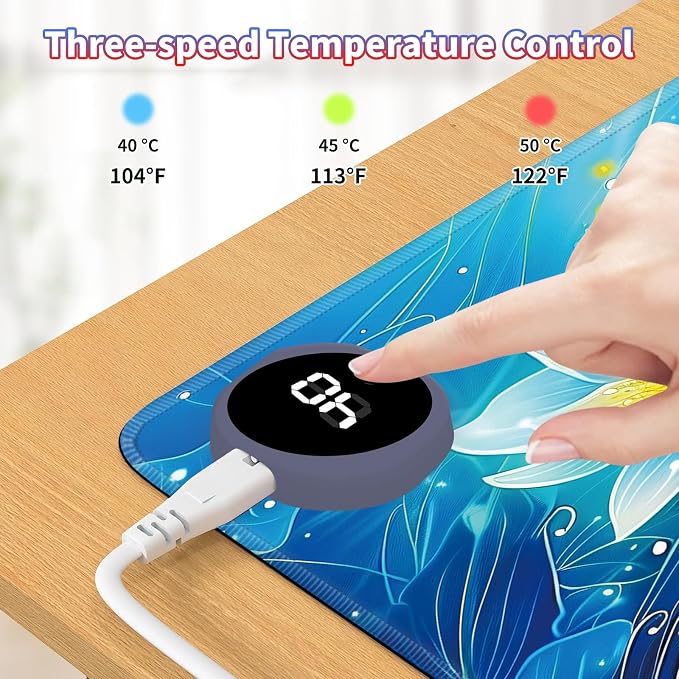 Heated Desk Pad Large Mouse Pad 23.6 x 14.1 inch with 3 Levels Heating & Auto Shut-Off Warm Mouse pad PU Leather Computer Mousepad for Home Office Work - Blue Lotus Flowers
