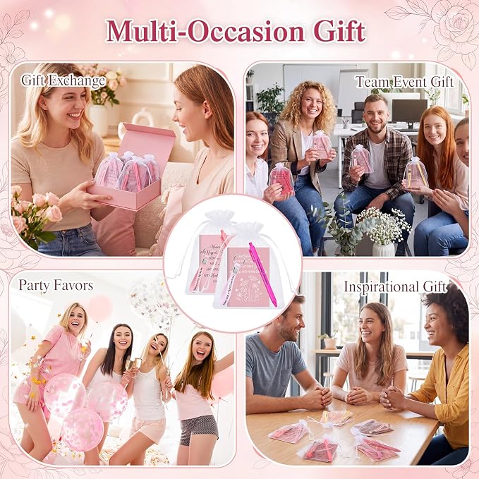 Mooliwe 12 Set Positive Affirmation Gift Set Gratitude Notebooks with Pens Keychains Small Bags Motivational Party Favors for Adult Women Coworkers Employee Group (Pink)