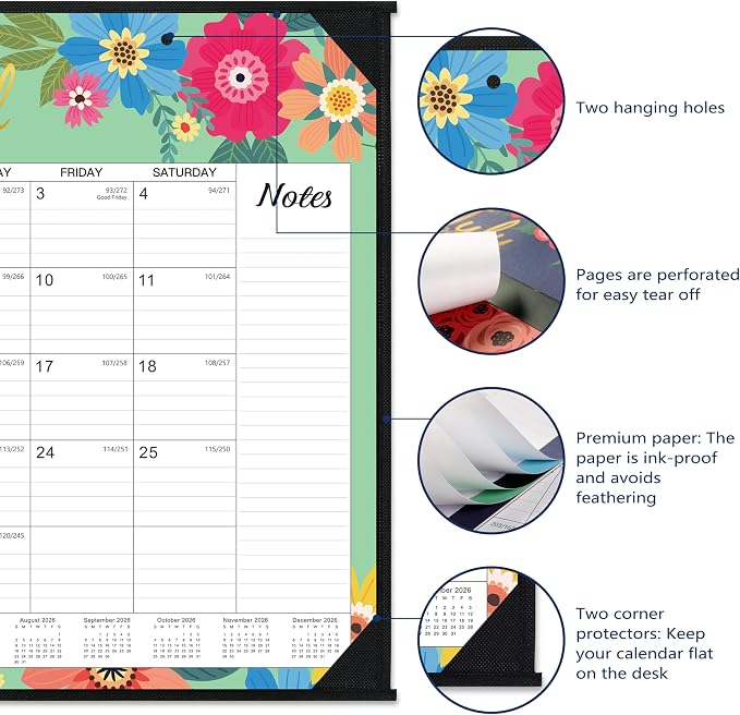 2026 Desk Calendar - Large Desk Calendar 2026, Jan. 2026 - Dec. 2026, 22" x 17", 2026 Calendar 12 Month with Corner Protectors, Desk Pad, To-Do List & Notes, Desk/Wall Calendar for Planning or Organizing - Blue Floral