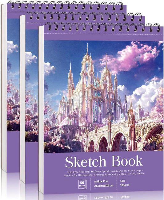 Prudiut Sketch Book 3 Pack, 8.5X11In Violet Spiral Bound Sketch Pad, 50 Sheets 68lb/100gsm Acid-Free Paper, Sketchbooks for Drawing Women Artists, Dry Media Charcoal Pencil Art Supplies Portfolio