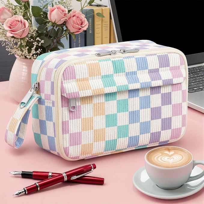WOBAGMEN Cute Pencil Case,Large Corduroy Zippered Pencil Case Pouch, aesthetic Pencil Bag with Compartments, Pencil Pouch School Supplies (Colorful checked)