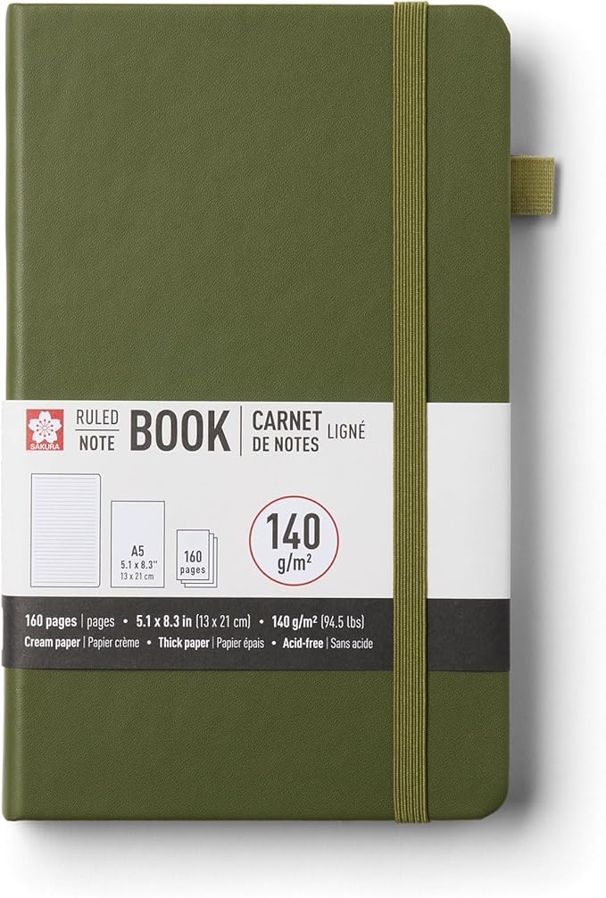 Sakura Notebook Ruled A5 - Japanese-Inspired Lined Notebook for Effortless Writing - 140 GSM Paper - Hardcover - Built-in Pen Holder - Expandable Inner Pocket - 5.1 x 8.3" - Pine Needle