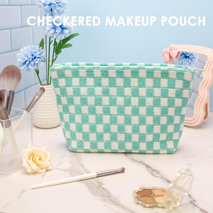 Checkered Makeup Bag for Purse, Small Flat Cosmetic Pouch,Arctic Blue | Cute Zipper Makeup Organizer for Women, Travel Essentials, Toiletries, Makeup Brushes, Beauty Accessories&Bridesmaid Gifts