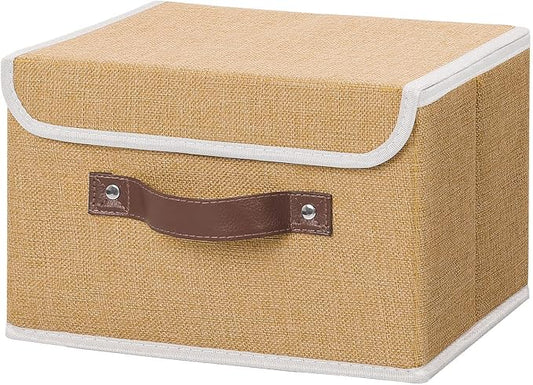 ANMINY Storage Bin with Lid Storage Boxes with PU Leather Handles PP Plastic Board Decorative Foldable Lidded Cotton Linen Fabric Home Cubes Baskets Closet Organizer Container - Khaki, Small Size