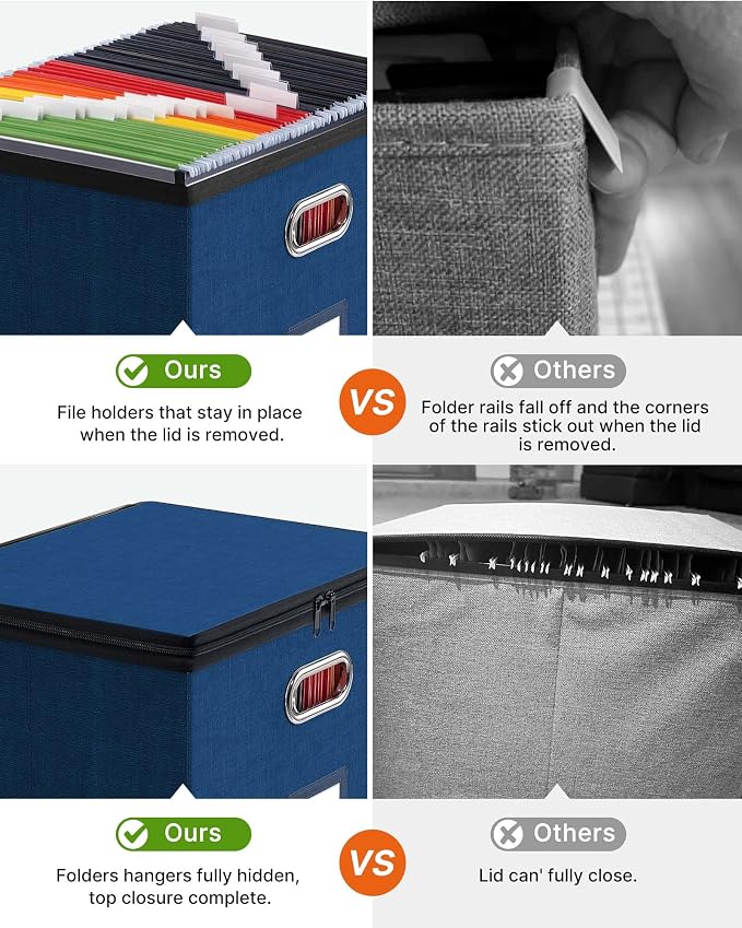 Oterri File Box Large 1-Pack Hanging Organizer for Letter/Legal-Size Folder | Dustproof Lid. 3 Mesh Pockets. Collapsible Scratch-Resistant GRS Linen. Slide Rails. Office, Home, Dorm