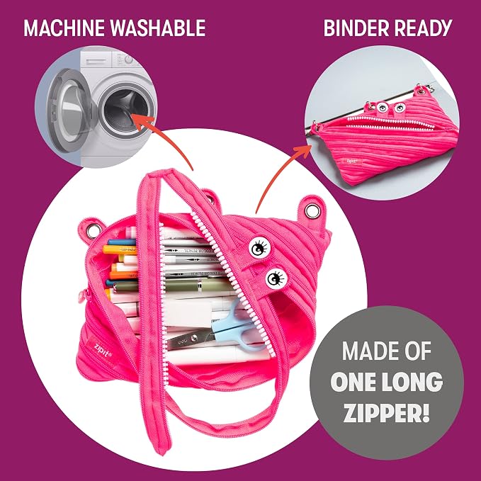 ZIPIT Monster Pencil Case for Girls, Cute 3-Ring Binder Pencil Pouch for Kids and Teens, Stationery Bag for School, Pink
