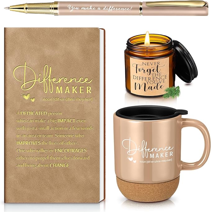 Vesici 4 Pcs Difference Maker Gift Set Mug Notebook Candle Pen,Brown,Word