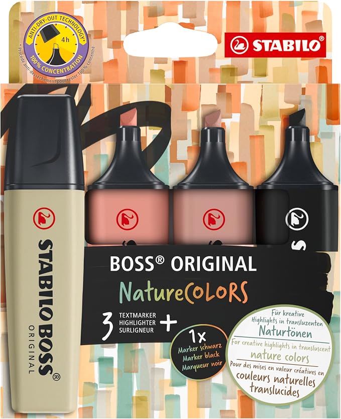 STABILO - BOSS ORIGINAL NatureCOLORS - Highlighter - Pack of 4 - Mud Green, Sienna, Umber, Black