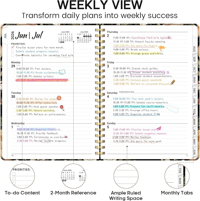 Academic Planner 2026-2027, Weekly and Monthly Calendar Book, July 2026 – June 2027, Hardcover Planner with Tabs, Perfect for Teachers, Students, Women & Men, A4 (8.5" x 11") - Mushroom