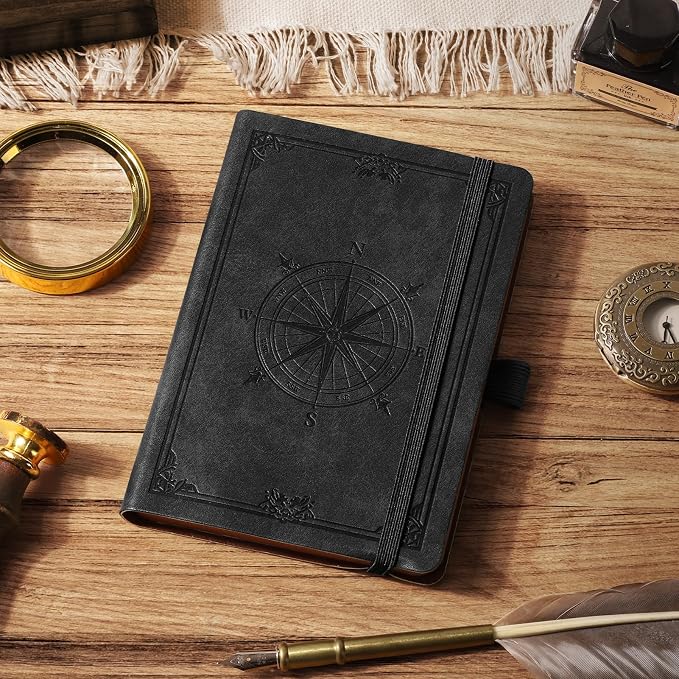 AHGXG Small Blank Pocket Notebook, 256 Numbered Pages, B6 (4.1'' X 5.7'') | Mini Journal, Vintage Soft Leather Hardcover, 80gsm Paper, for Men Women Work Office School (Black)