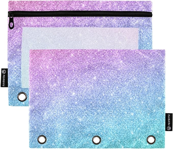 Gredecor Binder Pencil Pouch 3 Ring Glitter Blue Pink Zipper Pencil Pouches Case 2 Pack Clear Binder Organizer for School Office