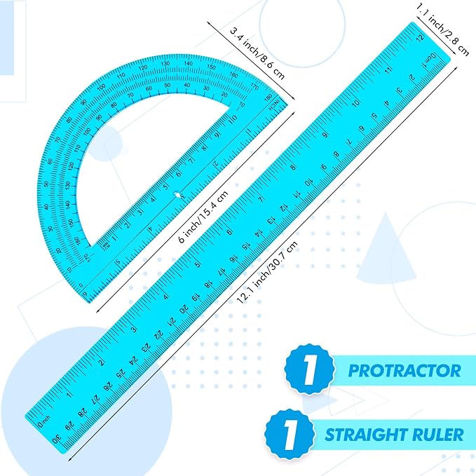Zonon 2 Pcs 12 Inch Clear Ruler and 6 Inch Plastic Protractor Set, Dual Scale Inch/Cm Math Geometry Measuring Tools for Back to School Students Teachers Classroom Office Drafting Use(Blue)
