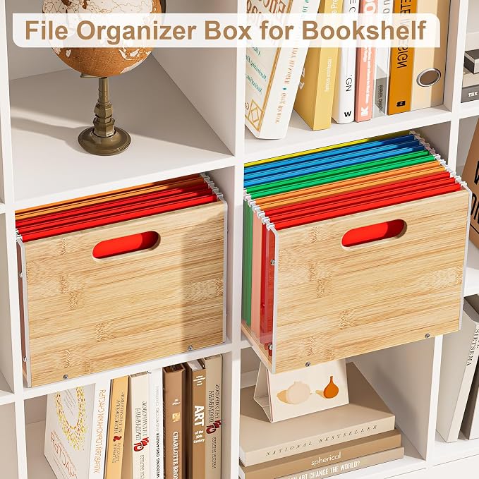 Sbanmao Clear Acrylic File Box Organizer, Bamboo Hanging Folder Storage Boxes, Filing Crate Bin Holder with Handle for Home Office Desk, Letter Size