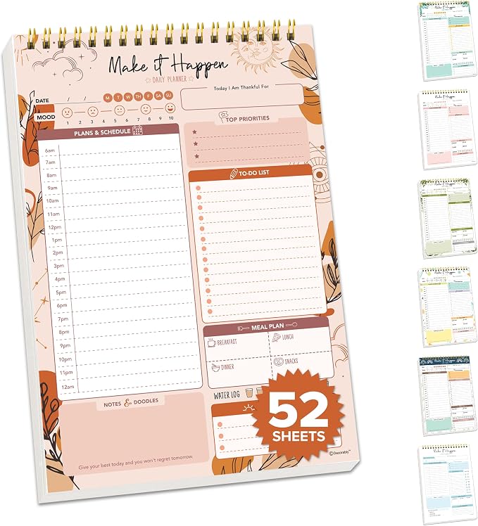 Decorably 52 Sheets Boho Celestial Undated Daily to Do List Notepad, 6.5x10" Spring-Bound Planner, Easy Tear-Off, for Schedule, Priorities, Agenda, Water Intake, Meals, Notes & Doodles, Home, Office