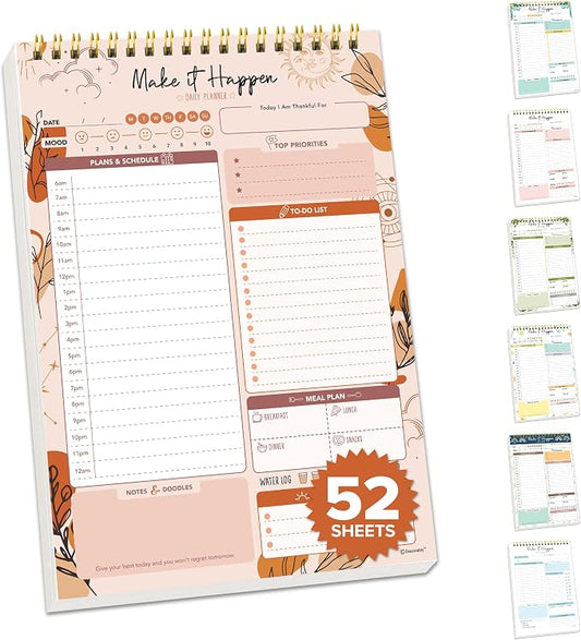 Decorably 52 Sheets Boho Celestial Undated Daily to Do List Notepad, 6.5x10" Spring-Bound Planner, Easy Tear-Off, for Schedule, Priorities, Agenda, Water Intake, Meals, Notes & Doodles, Home, Office