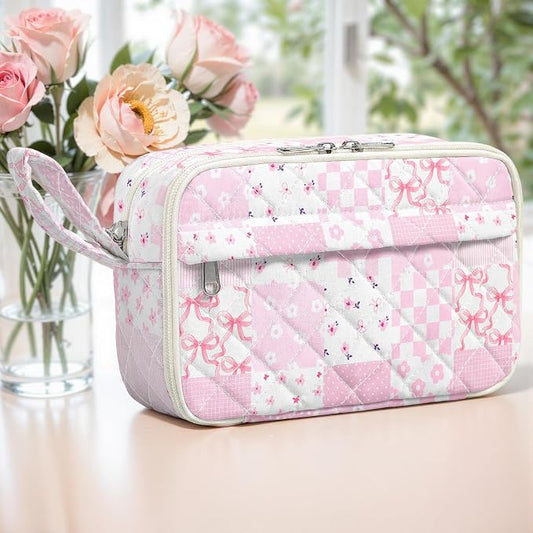 WOBAGMEN Quilted Pencil Pouch for Girls Women, Large Pencil Case Pouch with Compartments Cute Aesthetic Pencil Case Organizer, Floral Pencil Bag for School Supplies (Pink Checked Patchwork)