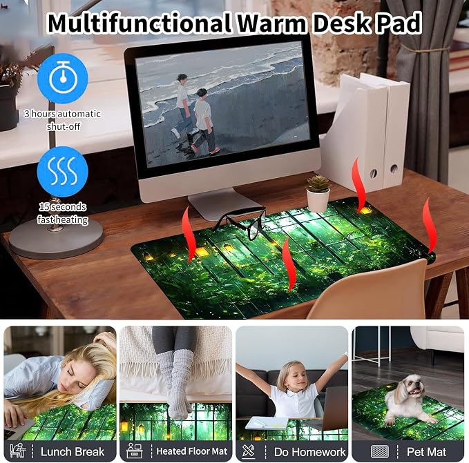 Heated Desk Pad Mouse Pad,Heated Desk Mat,with 3 Heating Levels & 3 Hours Auto Shut-Off,Leather 23.6"*14.2" Gaming Mouse Laptop Mat,Foot Warmer,Green Forest Window