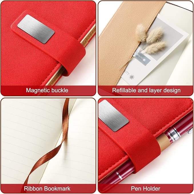 A5 Lined Leather Journal with Pen, 240 Pages Refillable Hardcover Notebook with Pocket and Magnetic Buckle, 80gsm Thick Daily Diary for Men and Women, Great Gift for Business Travel Personal - Red
