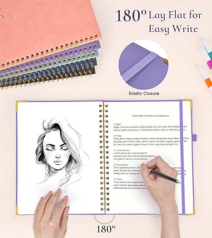 Blank Spiral Notebook Journal 8.5” x 11”, A4 Large Hardcover Sketch Book for Women Men, 100 GSM Blank Paper Drawing Notebook, Spiral Bound Sketchbook for Sketching School Work Note Taking, Purple