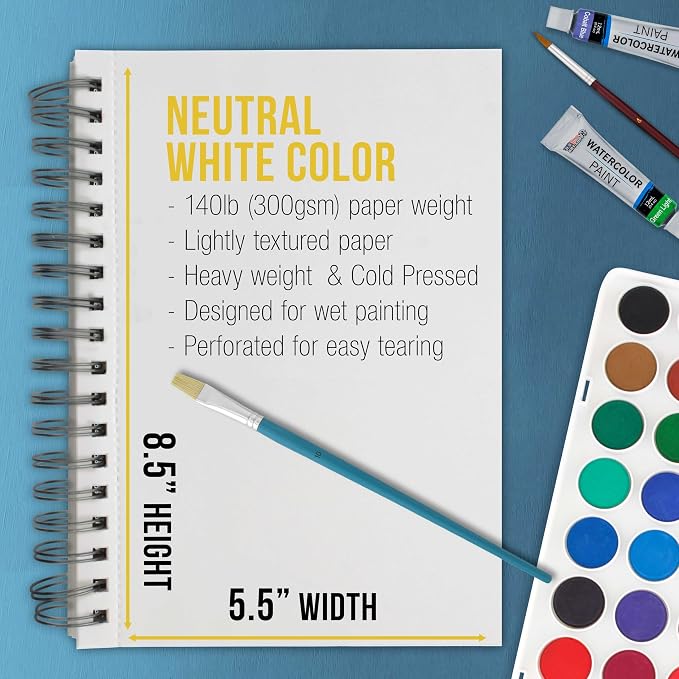 U.S. Art Supply 5.5" x 8.5" Premium Heavyweight Watercolor Paper Pad, Pack of 3 (30 Sheets Each), 140lb (300gsm) - Spiral Bound, Cold Pressed, Acid-Free, Wet, Water Color Paper - For Artists, Students