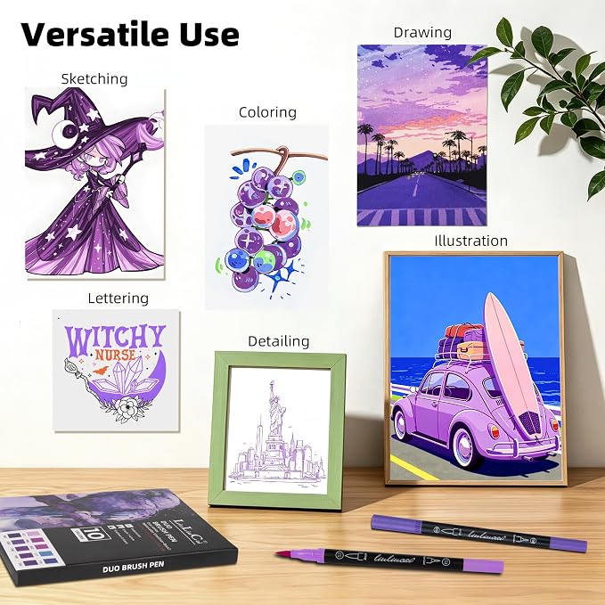 LIULIUCAI 10 Purple Dual Marker, Fine & Brush Tip Pen for Adult Coloring | Violet Marker Pen, Royal Purple Markers for Galaxies, Lavender, Fantasy Art, Outlining Illustration, Mystical Designs