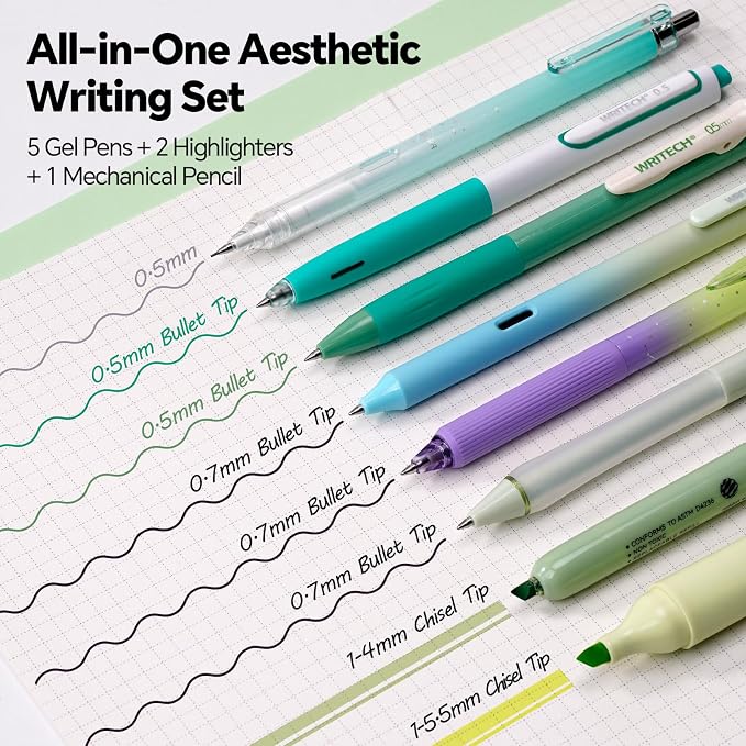 WRITECH Gel Pens Journaling Highlighters: Green Journal Set Assorted Pastel Color 0.5mm&0.7mm Fine Point Retractable Black Ink Pen Mechanical Pencil Smooth Writing Drawing 8ct