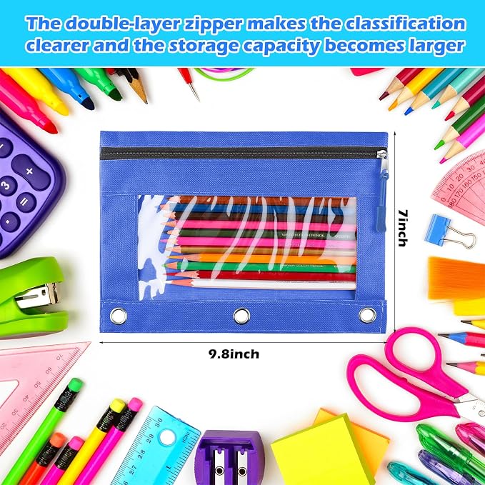 Zhehao 100 Pcs Zipper Binder Pencil Pouches:3 Ring Binder Pencil Pouches with Zipper Window Bulk Clear Pen Bags Case for Office School Classroom Supplies(Single Layer,8 Colors)