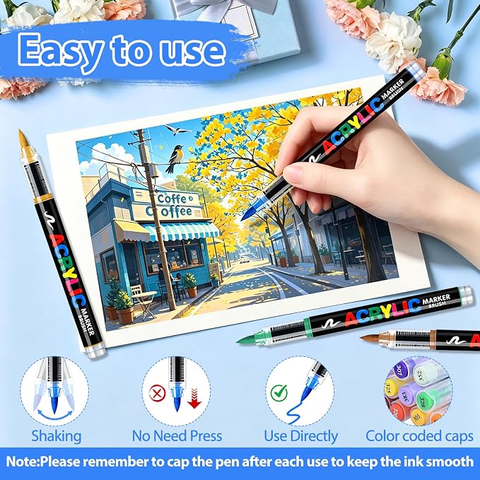 Acrylic Paint Markers Brush Tip 36 Colors, Soft Brush Tip Acrylic Paint Pens with Automatic Ink Control, Water-Based No-Bleed Paint Markers for Rock Painting Fabric Wood Ceramic Metal DIY Crafts