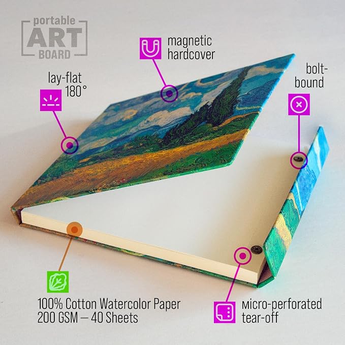 Watercolor Paper Pad — Magnetic Hardcover — 100% Cotton Watercolor Paper, Cold Press 200 GSM — 40 Acid-Free Sheets — Lay-Flat Watercolor Sketchbook — Art Supplies — KIROSKETCH (Cypress, 8,5x7,7 inch)