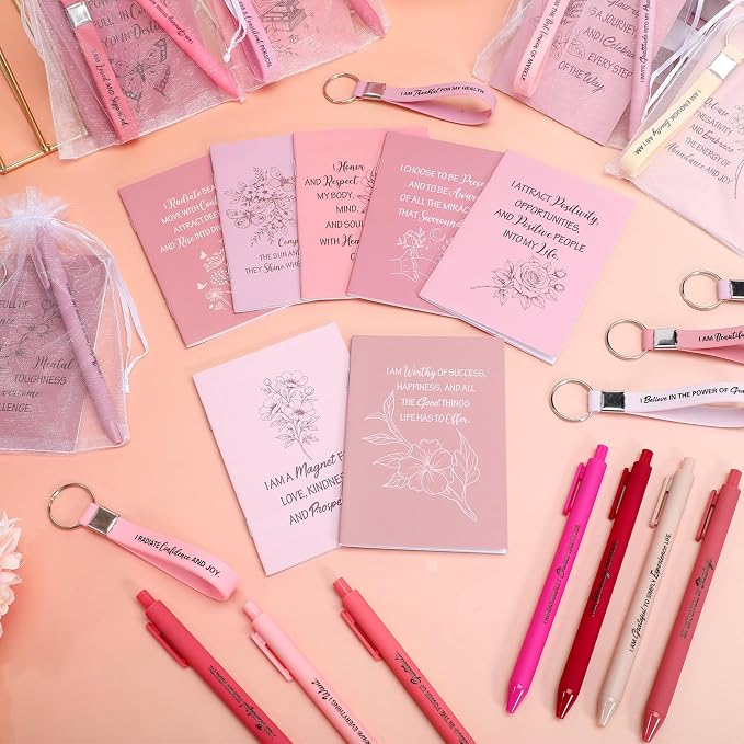 Mooliwe 12 Set Positive Affirmation Gift Set Gratitude Notebooks with Pens Keychains Small Bags Motivational Party Favors for Adult Women Coworkers Employee Group (Pink)