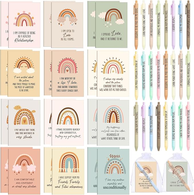 Mooliwe 24 Pcs Positive Affirmation Gift Set Gratitude Notebooks with Pens Small Bags Motivational Encouragement Notepads Daily Affirmations Journal for Women Stress Relief Self Care (Cute)