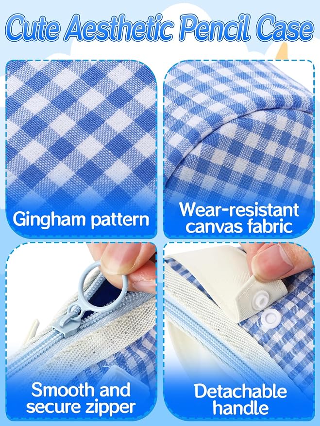 Bigmeta Gingham Standing Soft Pencil Case for Girls - 2-in-1 Cute Aesthetic Pencil Pouch with Zipper, Stationery Holder Bag for Middle & Elementary Students Back to School Supplies (Blue)