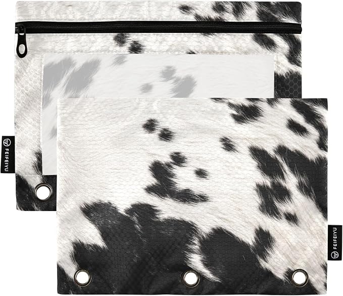 Cow Skin Print Pencil Pouch Fits Standard 3-Ring Binders, Zipper Binder Pencil Bag with Clear Window for Class Office 2 Pack