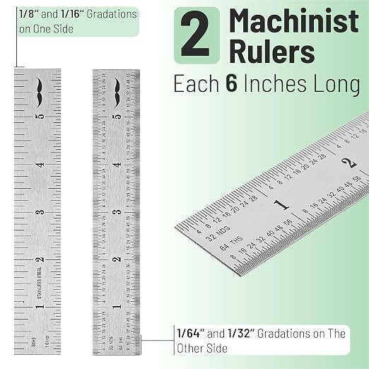 Mr. Pen- Machinist Ruler, 6 Inch, 2 Pack, Stainless Steel Imperial | Precision Measuring Tool, 1/8", 1/16", 1/32", 1/64" Graduation for Engineering, Carpentry, Drafting, Office, School