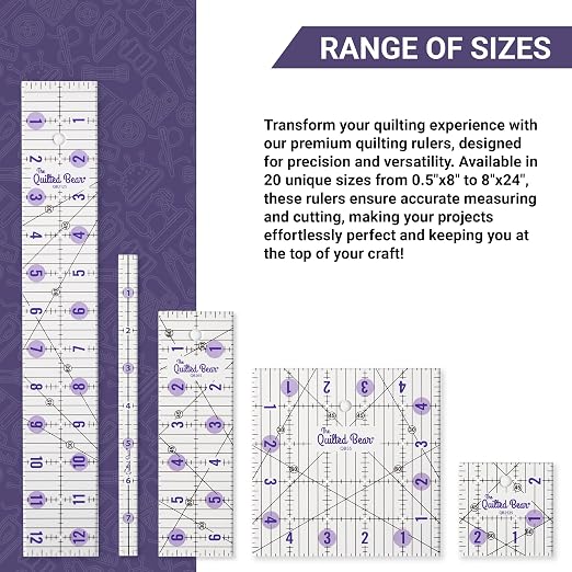 The Quilted Bear Square Quilting Ruler, Transparent Acrylic, 5" x 5" | Non-Slip, Precise Bold Lines, 30, 45 & 60 Degree Angles, 3mm Thick Transparent Acrylic, for Quilt Blocks, Sewing & Craft