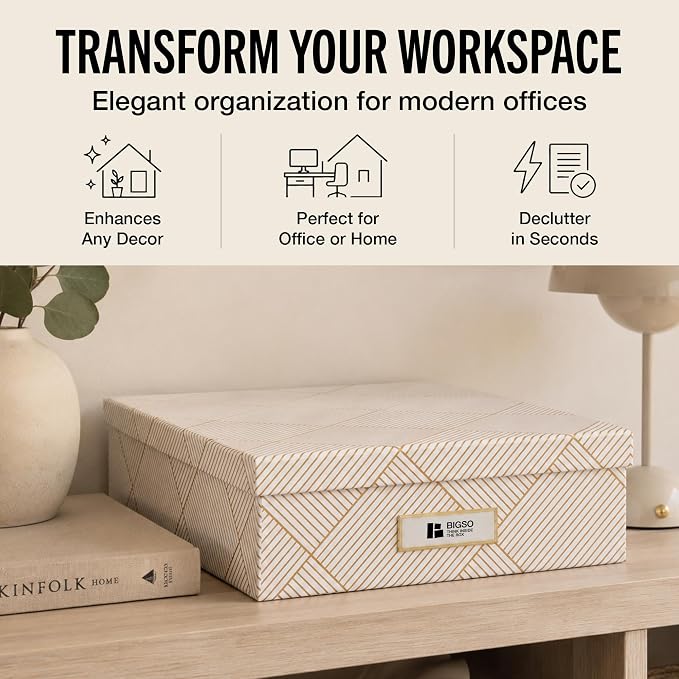 Bigso Oskar Fiberboard Label Frame Document Letter Box for Important Paperwork A4 or Letter Size - Durable Keepsake Box with Lid and Metal Label Holder - 3.3in x 10.2in x 13.8in - Golden Square