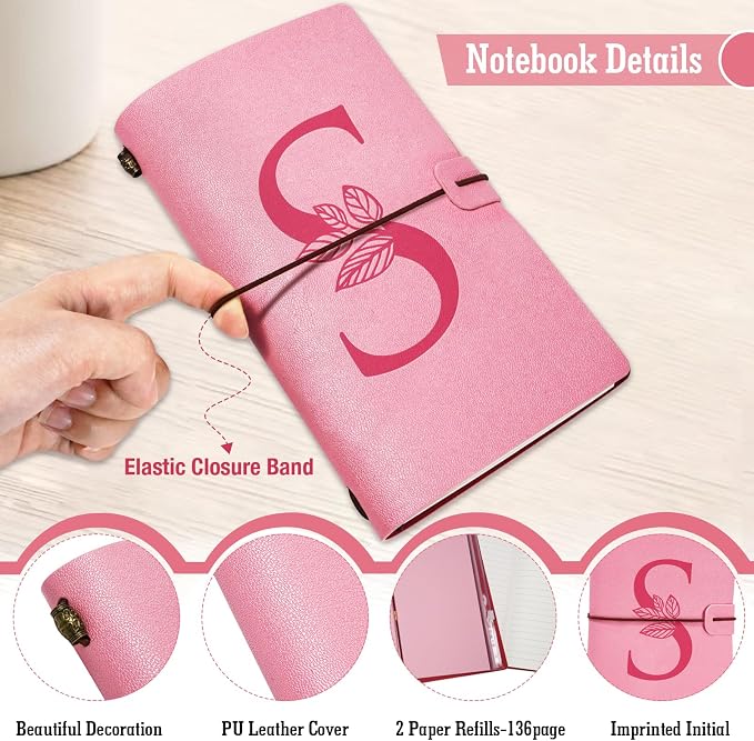 Personalized Journal Gift-Pink Initial Leather Journal+Heart Diamond Pen Set,Travel Notebook Diary Gifts,Refillable Notepads,Christmas,Birthday Gifts for Women Girls (7.9"x4.7") (S)