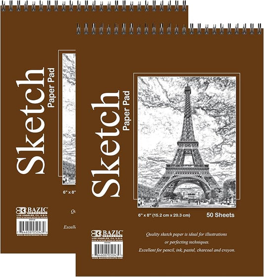 BAZIC Products Spiral Sketch Pad, Top Bound, 6 x 8 in, 50 Sheets, 2-Pack | 50-sheet spiral sketch pad, smooth drawing paper for sketching, shading