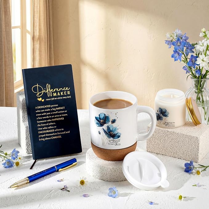 4 Pcs Difference Maker Gift Set Mug Notebook Candle Pen,Dark Blue,Flower