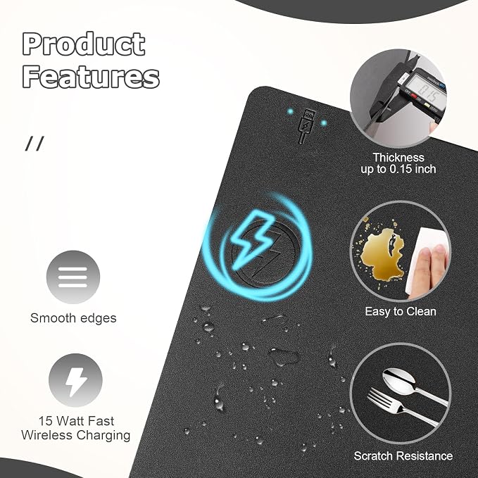 Wireless Charging Mouse Pad Firelison 2 in 1 Leather Multifunctional Office Desk Pad with Non-Slip Rubber Base, Waterproof Desk pad for Computers/Office/Work/Home/Decor（ 36" x 17"Black - L）