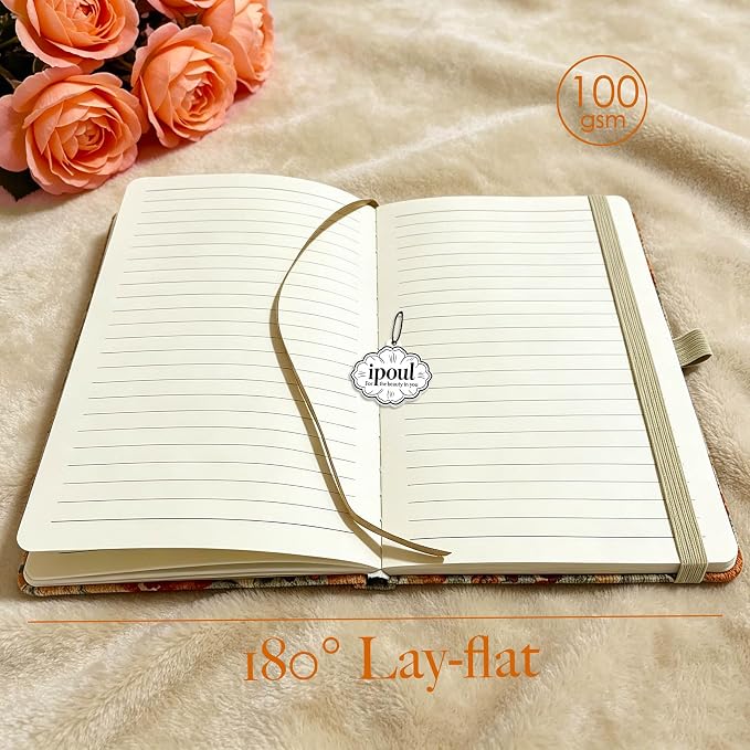 ipoul Writing Journal for Women, Cute Notebook, Lined Paper, A5, 6"x8", Hardcover, Lay-flat, Camellia Flower, Orange