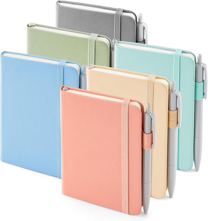 feela 6 Pack Pocket Small Notebooks Bulk, Mini Cute Memo Notepads Hardcover College Ruled Lined Journals with Pen Holder for Women Girls Office School, with 6 Black Pens, 3.5”x 5.5”, A6, Mild Colors