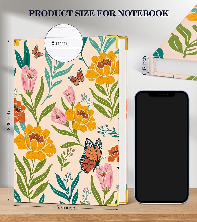 Lined Journal Notebook for Women, A5 Hardcover Leather Journaling Notebooks for Writing, 200 Pages Travel Journal, College Ruled Notebook for Work School, Note Taking 5.75'' X 8.38'' Yellow Floral