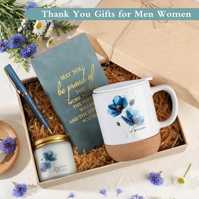 Sayglossy 4 Pcs Thank You Gifts Set for Women Back to School Teacher Appreciation Gift Leather Notebook Blue Flower Coffee Mug Scented Candle Ballpoint Pen for Employee Coworker DSP Housekeeping Week