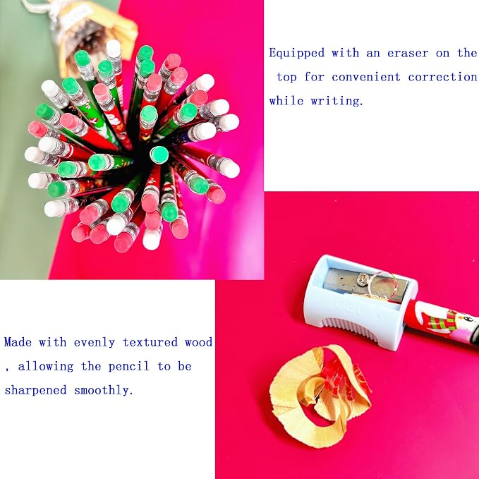 72PCS Wooden cased Christmas Pencils for Kids with Erasers, Wood Pencils for School,Drawing,Gift (72PCS) (Christmas, 72)