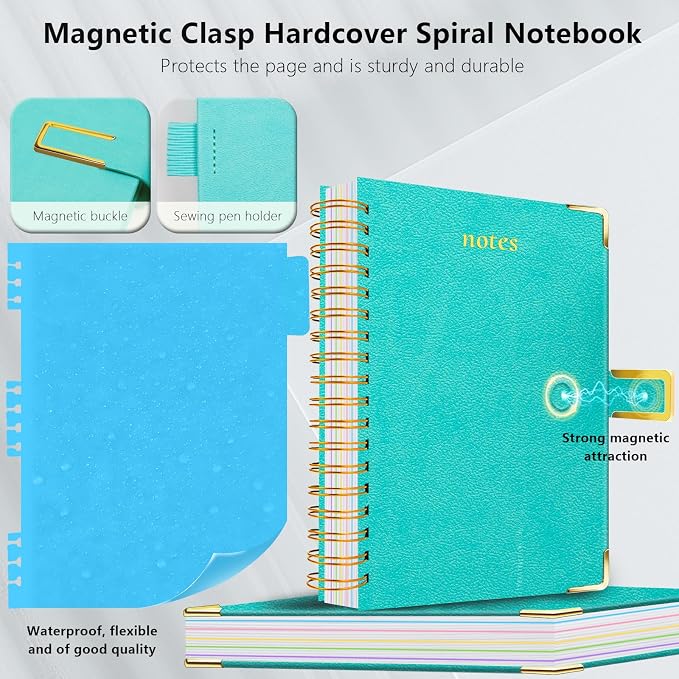Hardcover Spiral Notebook College Ruled, 8"x10" Leather Journal Notebook with Magnetic Closure, 300 Pages 5 Subject Notebook with Dividers Tabs Journal for Women Men, Work, School(Blue)