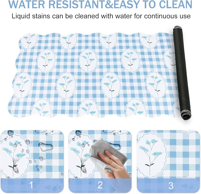 L-SPOUTTO Blue Mouse Pad,Cottagecore Scalloped Desk Mat XXL Gaming Mousepad | Checkered Floral Large 35.4x15.7in Non-Slip Rustic Keyboard Pad Desktop Mat for Laptop Computer Game Home Office