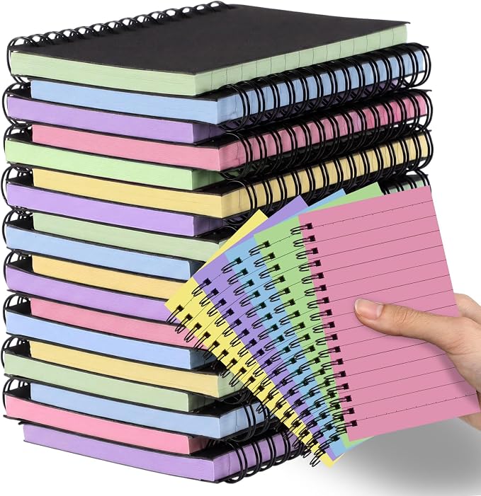 Jutom 10 Pcs Small Spiral Notebooks Memo Pads 3x5 Bulk Small Pocket Notepads Back to School Supplies Mini Notebook with Lined Mini Journals for Office & Work, 120 Pages (Black Cover 5 Color Page)