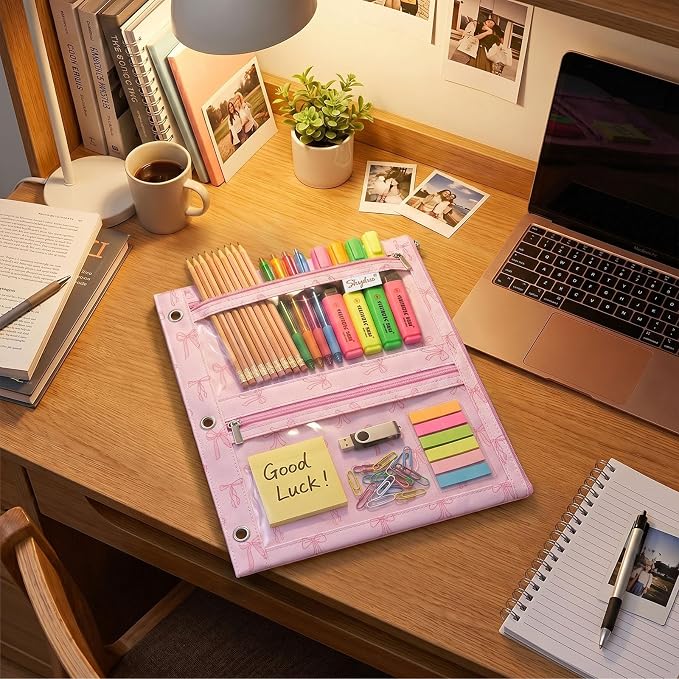 SKYDUE Binder Pencil Pouch for 3 Ring Binder, 3 Compartment Zipper Case, Large Capacity Pen Organizer with Clear PVC Window for School Supplies, Students, Kids & Teachers