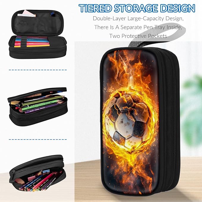 TILYTADLY Large Pencil Case for Boys - Soccer Boys Pencil Pouch with Zipper Compartments - Big Capacity Pen Box Pen Bag Organizer with Keychain for Kids Teens School
